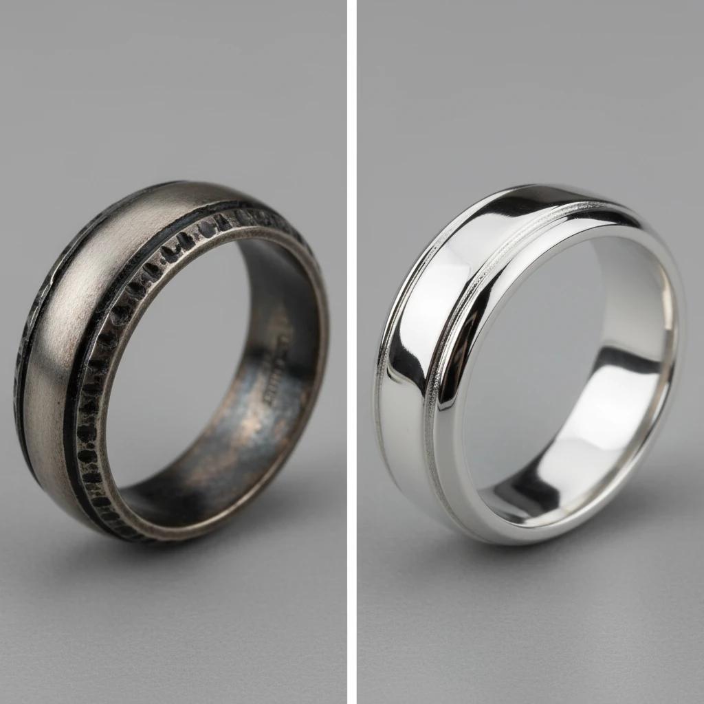 مقایسه انگشتر نقره سیاه شده و تمیز شده قبل و بعد از شستشو