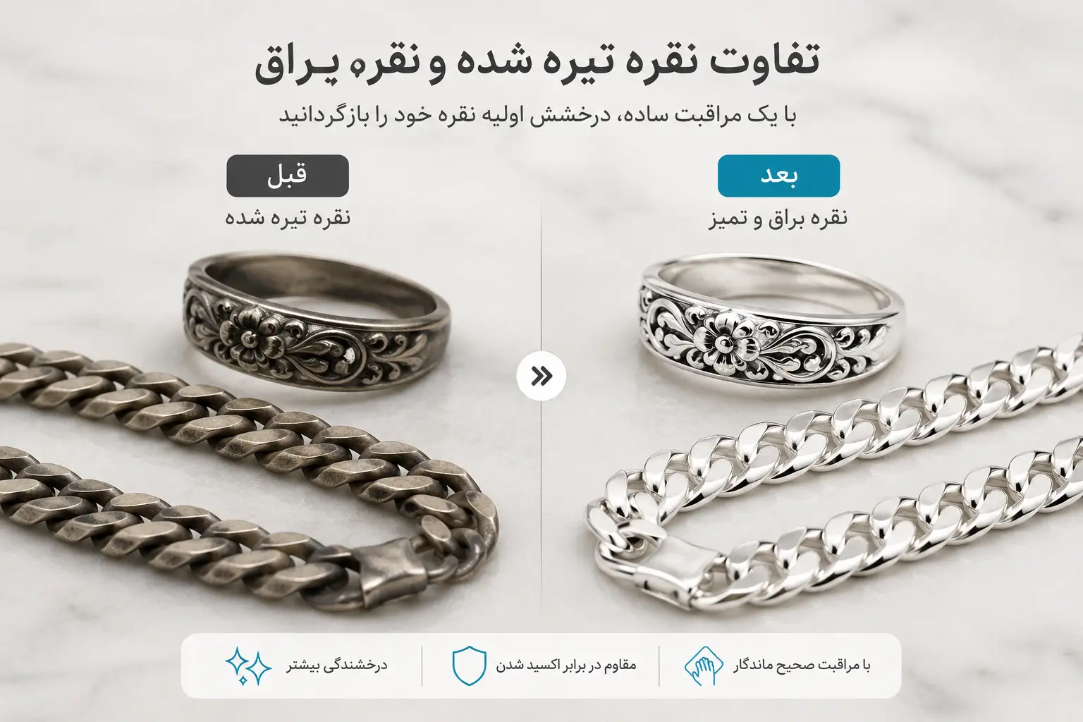 نتیجه نهایی براق کردن نقره و جلا دادن به زیورآلات